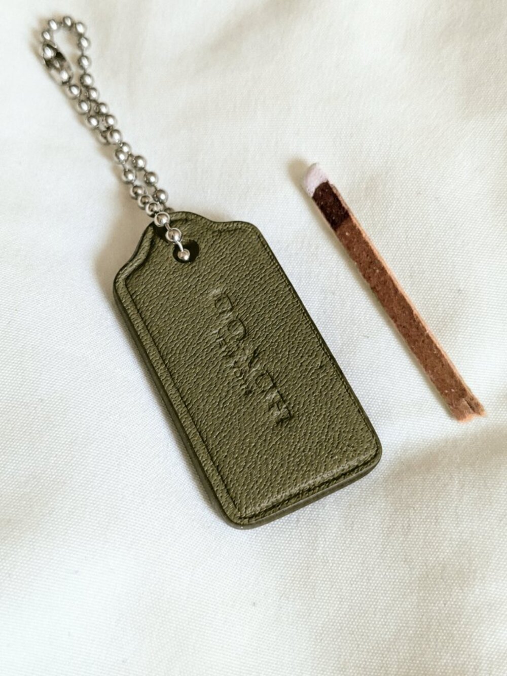 Coach Mini Hang Tag 1.5" Charm Glovetanned Leather Olive Green Silver Ball Chain